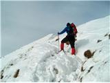 Pot na Veliki vrh, z višino sneg narašča, a je moker in mehak, predira se do podlage.